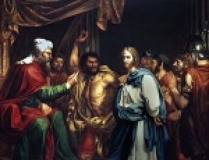 Jesus about to be struck in front of the High Priest Annas, as in John 18:22, depicted by Madrazo, 1803.
