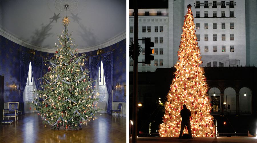 (left) Jackie Kennedy's Nutcracker Suite Themed Christmas Tree in the Blue Room of the White House. (right) Christmas Tree in Los Angeles, California