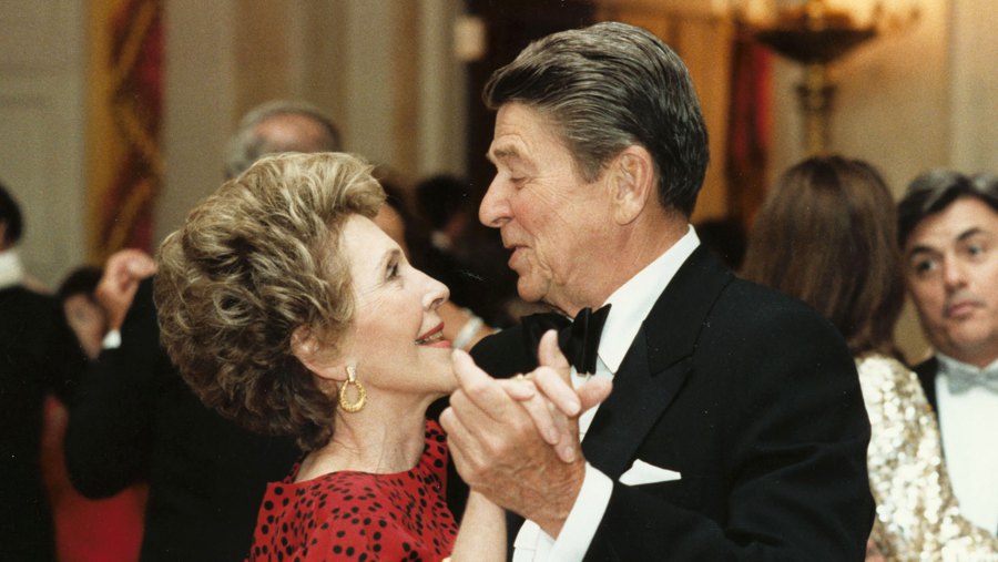 Former U.S. President Ronald Reagan dances with former First Lady Nancy Reagan in this undated file photo.